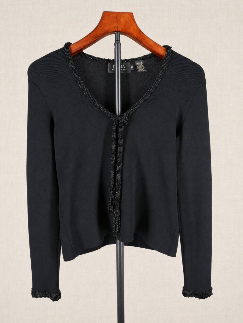 Dana Buchman Black Beaded V-Neck Knit Top Women’s Small Dressy